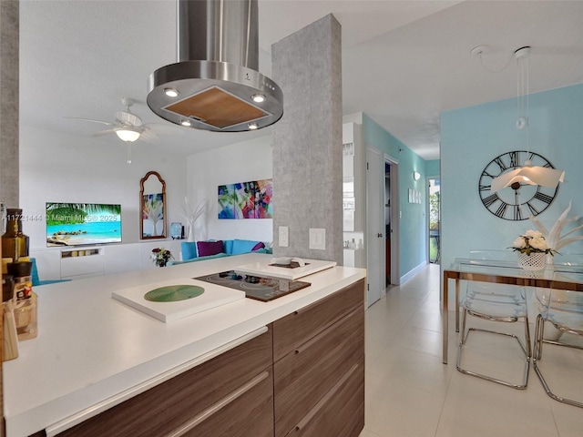 kitchen with light tile patterned floors, extractor fan, and ceiling fan