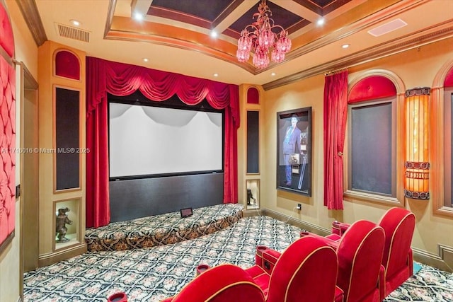 carpeted home theater room with ornamental molding, a chandelier, coffered ceiling, and beamed ceiling