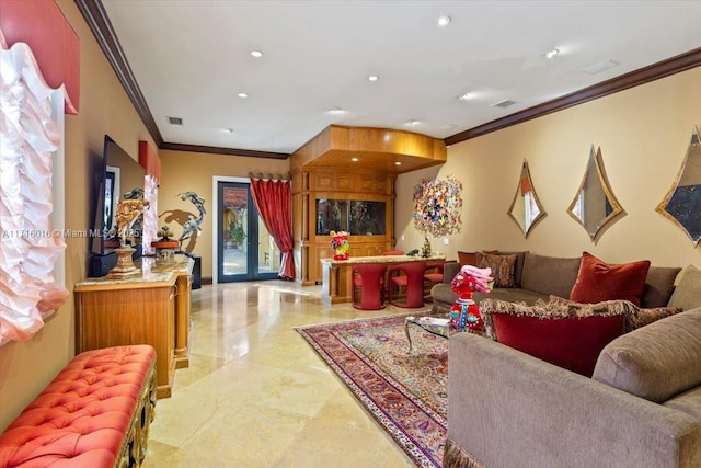 living room with crown molding