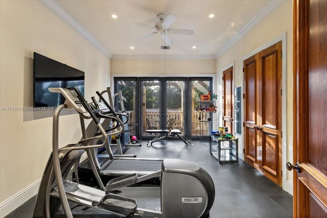 exercise room featuring ceiling fan, ornamental molding, and french doors