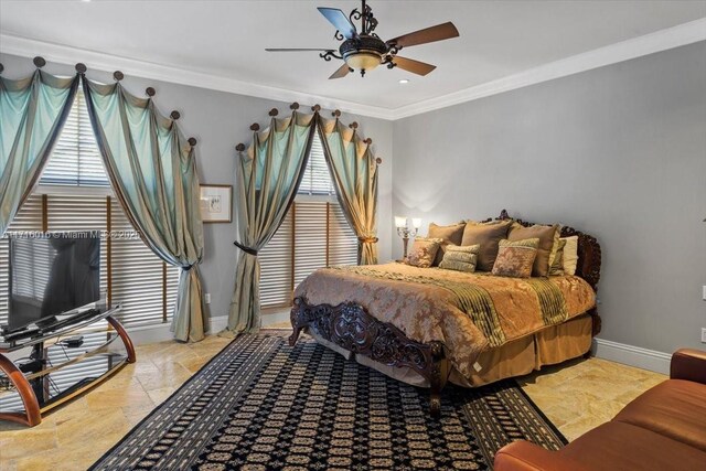 bedroom featuring multiple windows, crown molding, and ceiling fan