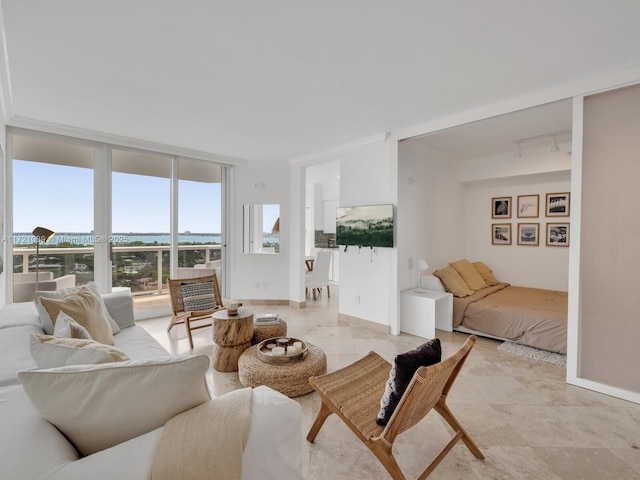 living room with rail lighting, floor to ceiling windows, and crown molding