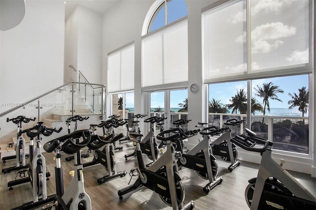 gym with a high ceiling, a water view, and hardwood / wood-style floors