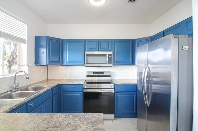 kitchen featuring backsplash, sink, blue cabinets, and stainless steel appliances