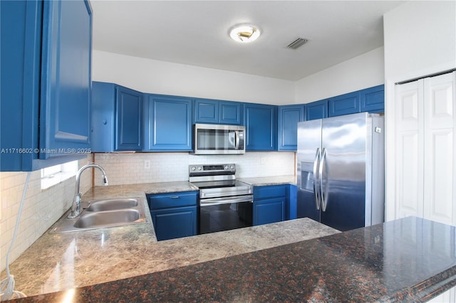 kitchen with stainless steel appliances, a sink, visible vents, blue cabinetry, and backsplash