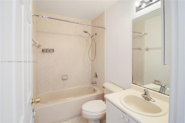 bathroom with toilet, shower / bath combination, tile patterned floors, and vanity