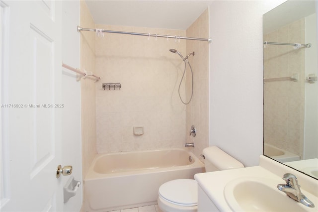 bathroom with bathing tub / shower combination, vanity, and toilet