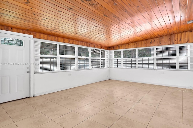 unfurnished sunroom featuring wood ceiling and a wealth of natural light