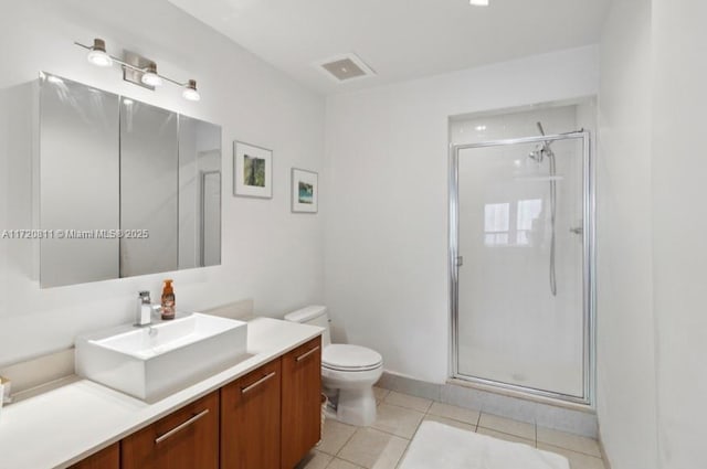 bathroom with tile patterned flooring, vanity, toilet, and an enclosed shower