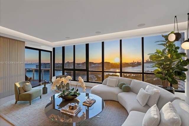 living room featuring a water view and carpet flooring