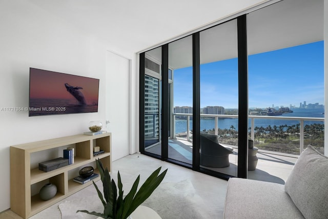 living room featuring a view of city, floor to ceiling windows, and a water view