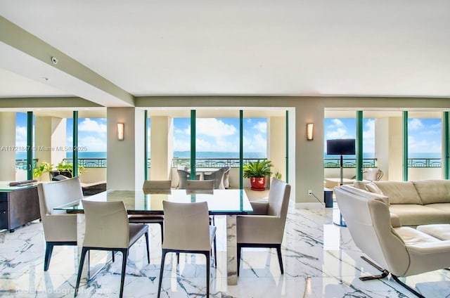 dining space with plenty of natural light and a water view