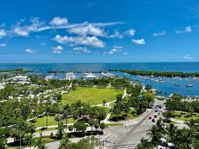 drone / aerial view with a water view