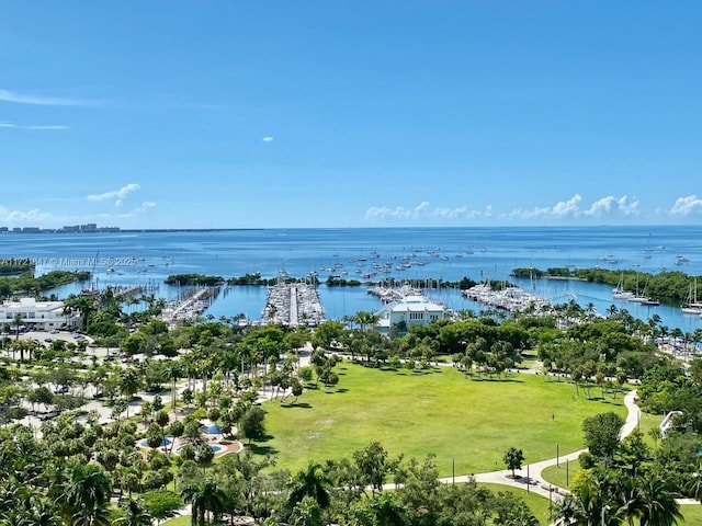 bird's eye view with a water view