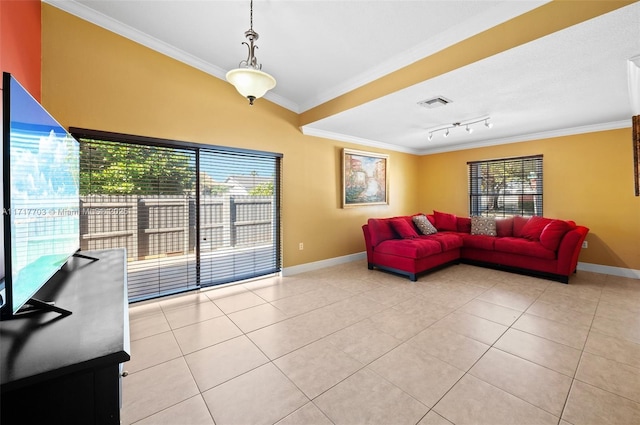 tiled living room with ornamental molding