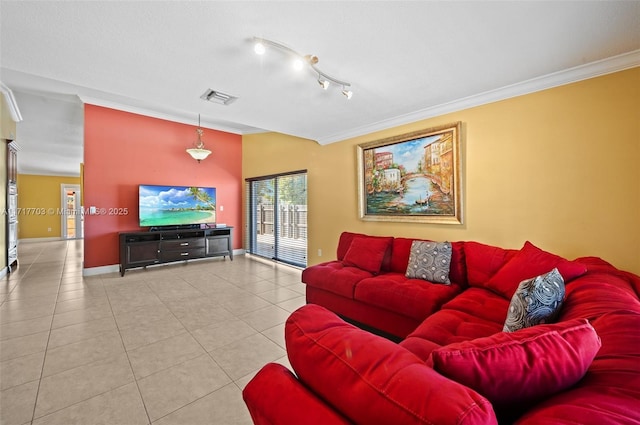 tiled living room featuring crown molding