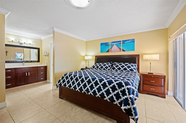 tiled bedroom with crown molding, ensuite bathroom, and a textured ceiling