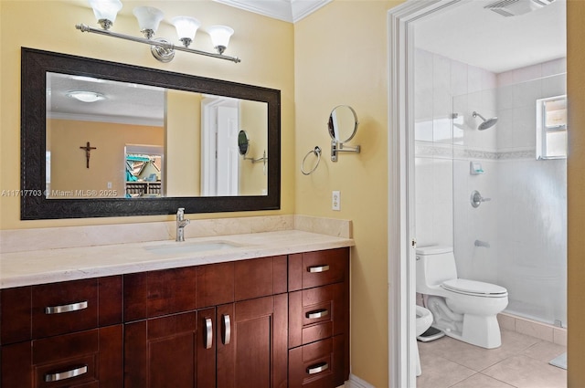 bathroom featuring tile patterned flooring, crown molding, toilet, and walk in shower