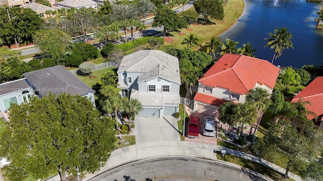 drone / aerial view with a water view