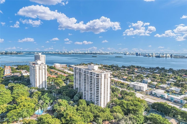 aerial view featuring a water view