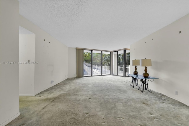 unfurnished room with carpet floors, expansive windows, and a textured ceiling