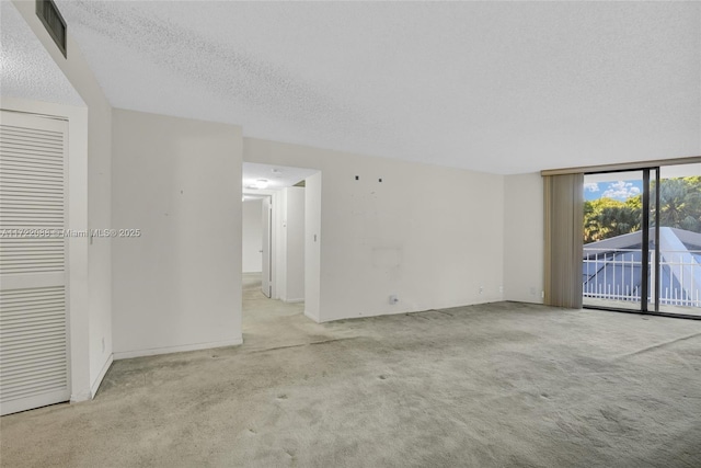 carpeted empty room with a textured ceiling and floor to ceiling windows