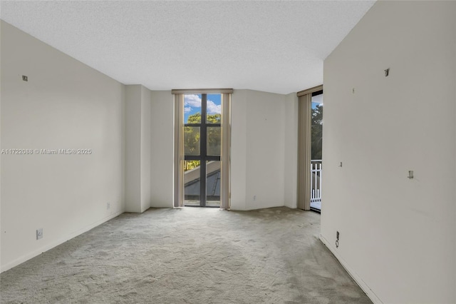 carpeted empty room featuring expansive windows and a textured ceiling