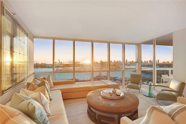 sunroom featuring a water view and a wealth of natural light