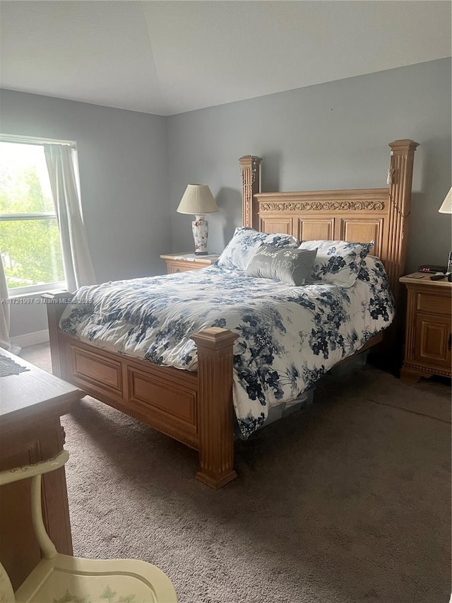 bedroom with dark colored carpet