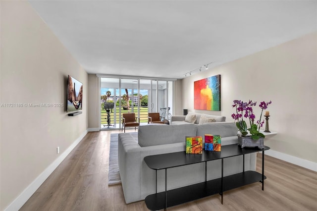 living room featuring expansive windows, track lighting, and hardwood / wood-style flooring