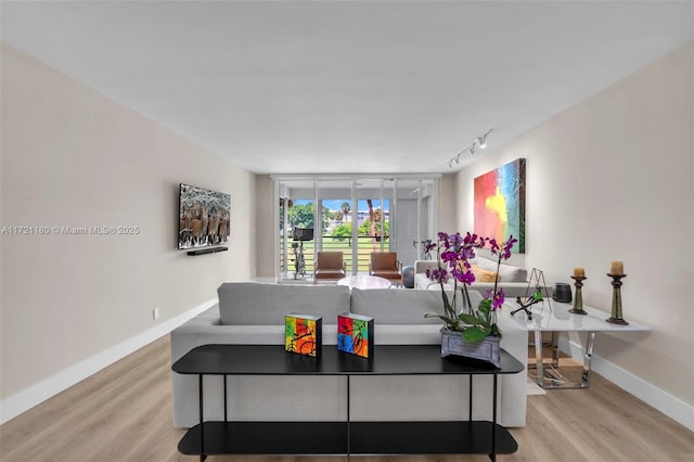 living room featuring light hardwood / wood-style floors and track lighting