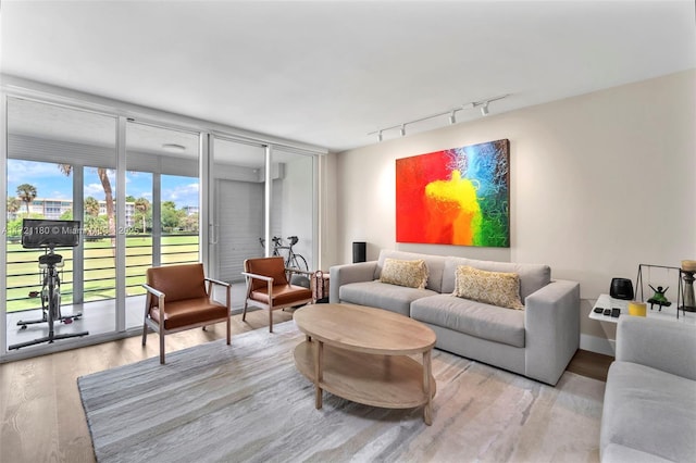 living room featuring track lighting, light hardwood / wood-style flooring, and floor to ceiling windows