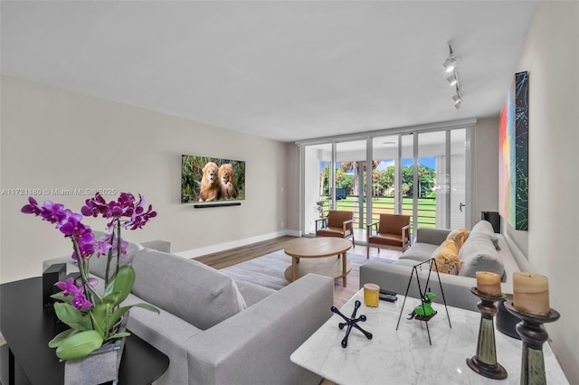 living room featuring hardwood / wood-style floors, a wall of windows, and track lighting