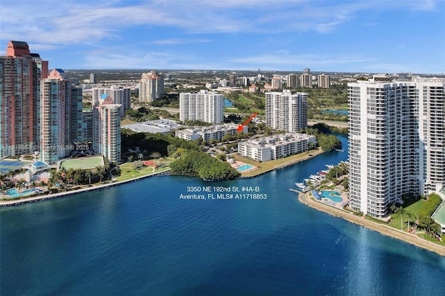 drone / aerial view featuring a water view