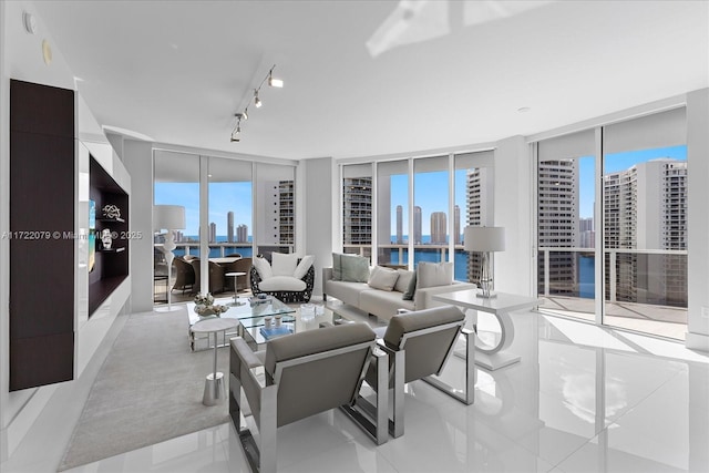 tiled living room featuring a wall of windows and rail lighting