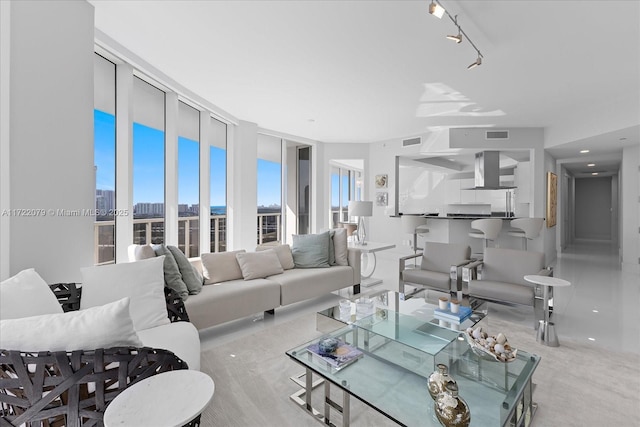 living room featuring a wall of windows and track lighting