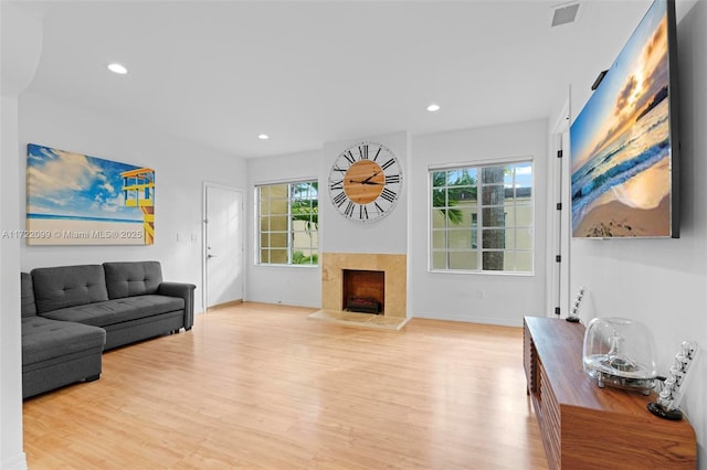 living room featuring light wood-type flooring and a fireplace