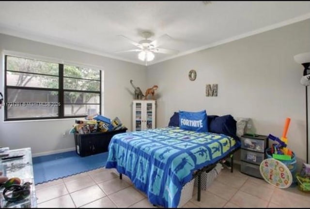 85 Conaskonk Cir Unit 85, Royal Palm Beach, FL 33411 - bedroom featuring crown molding, a ceiling fan, and light tile patterned floors