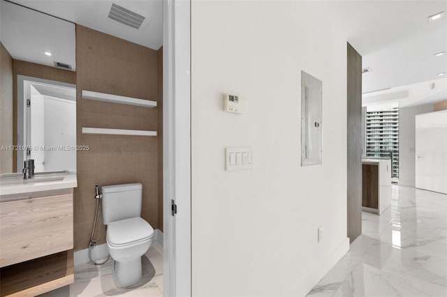 bathroom with vanity, toilet, and electric panel