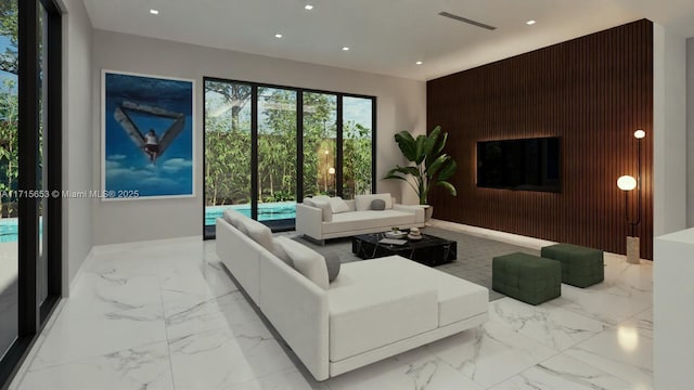 living room featuring wooden walls