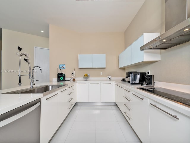 kitchen with dishwasher, white cabinets, sink, wall chimney exhaust hood, and stovetop