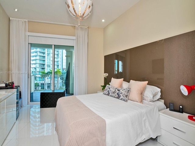 bedroom with access to exterior, light tile patterned flooring, and recessed lighting