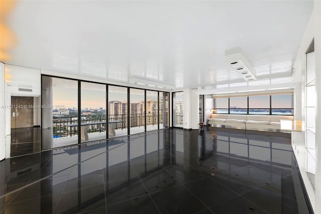 spare room featuring dark tile patterned flooring and expansive windows