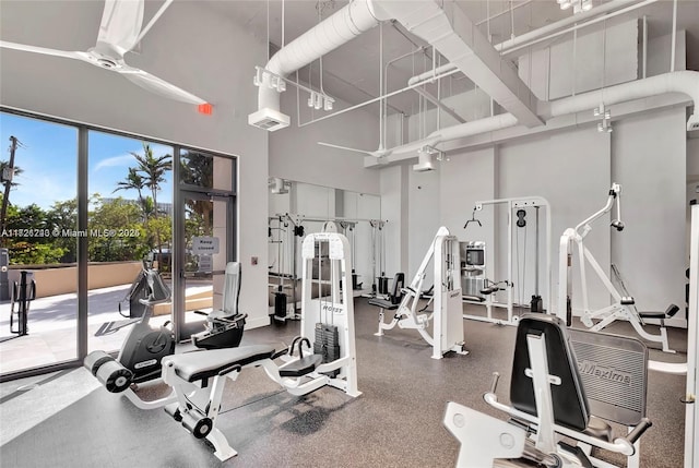 exercise room with a high ceiling