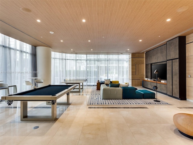 rec room with floor to ceiling windows, wood ceiling, and billiards