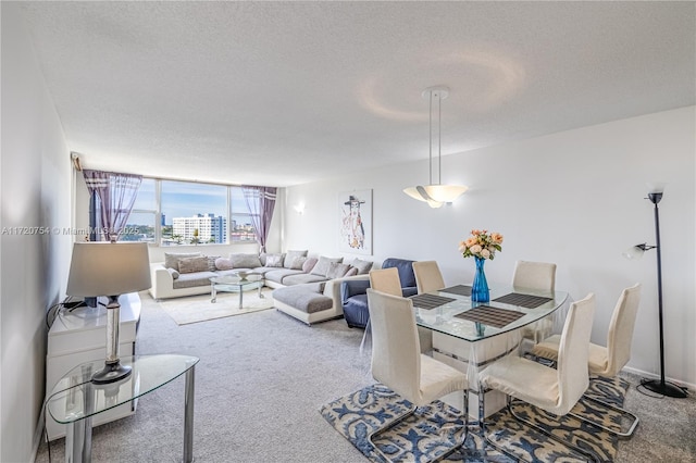 carpeted dining space featuring a textured ceiling