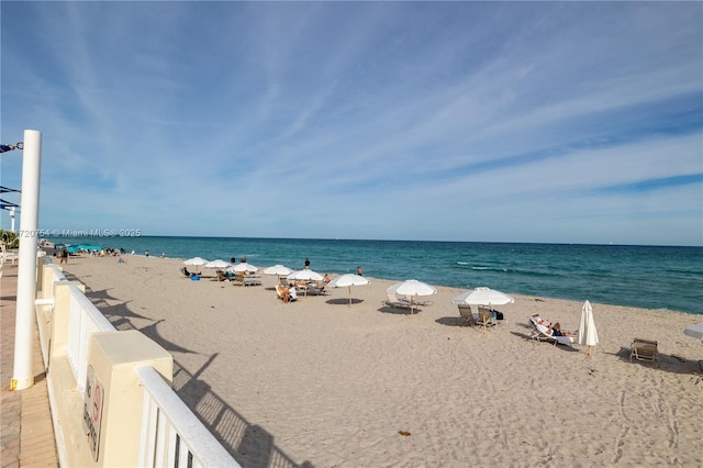 view of water feature featuring a beach view