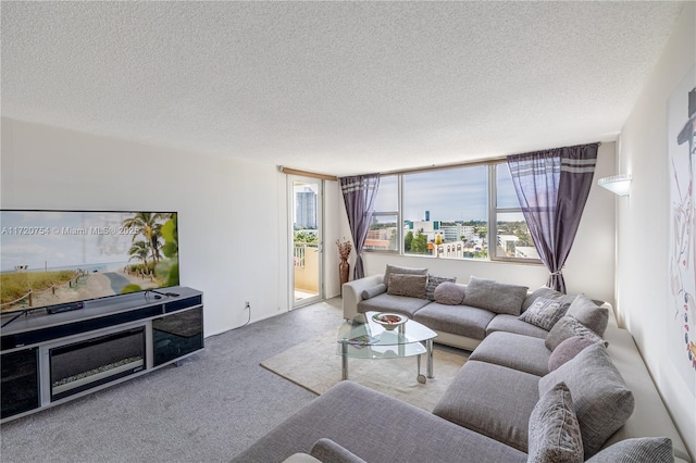 carpeted living room with a textured ceiling