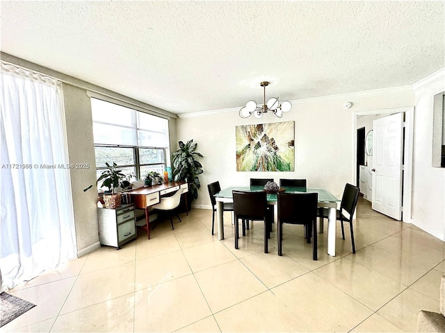 dining area with a textured ceiling, a notable chandelier, and light tile patterned flooring