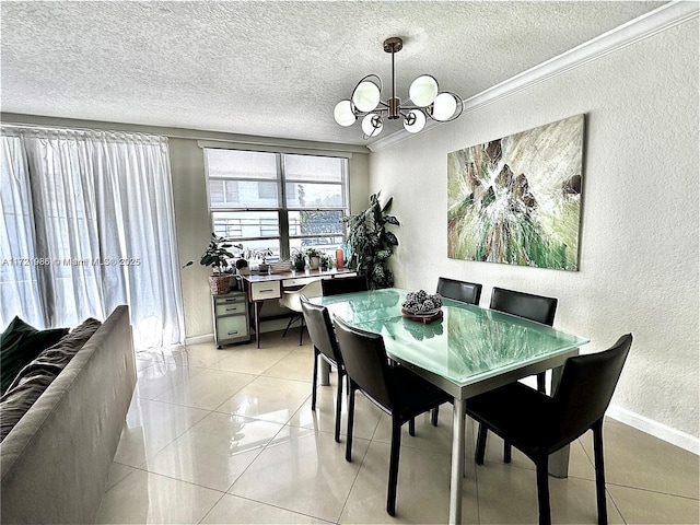 tiled dining space with a notable chandelier and crown molding